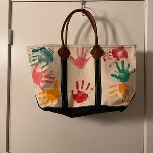 LL BEAN Canvas and leather tote kids handprints and names. ✏️📚